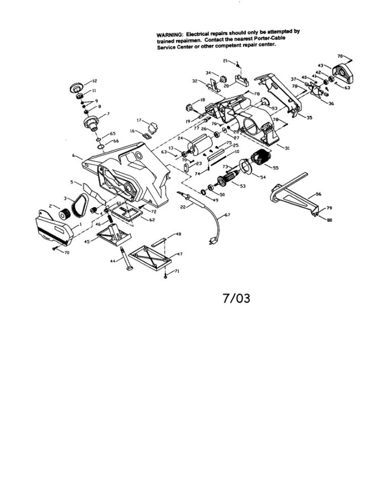 Plane Diagram and Parts List for 125  Porter Cable Planer Jointer
